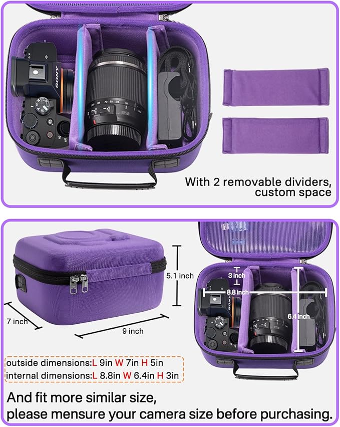 RAIACE Hard Case Compatible with Sony Alpha 7 II III IV/7R V Camera, for Nikon, for Canon, for Pentax and More. Mesh Pocket for Charger, Cables, Cards and Accessories. (case only) (Purple)