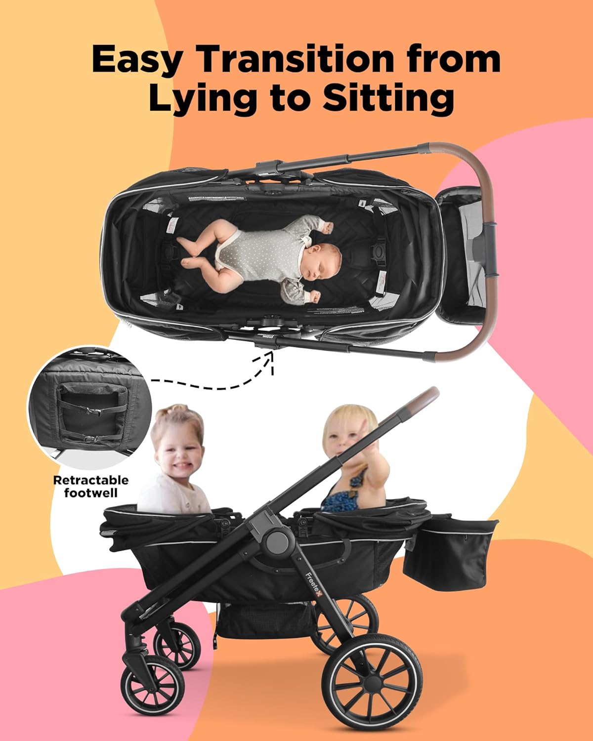 Tandem Wagon Stroller–All-Terrain 2-in-1 Push&Pull Design, Double Seat, Large Storage, Adjustable Canopy, Removable Child Tray for Kids Outdoor Adventures&Family Outings