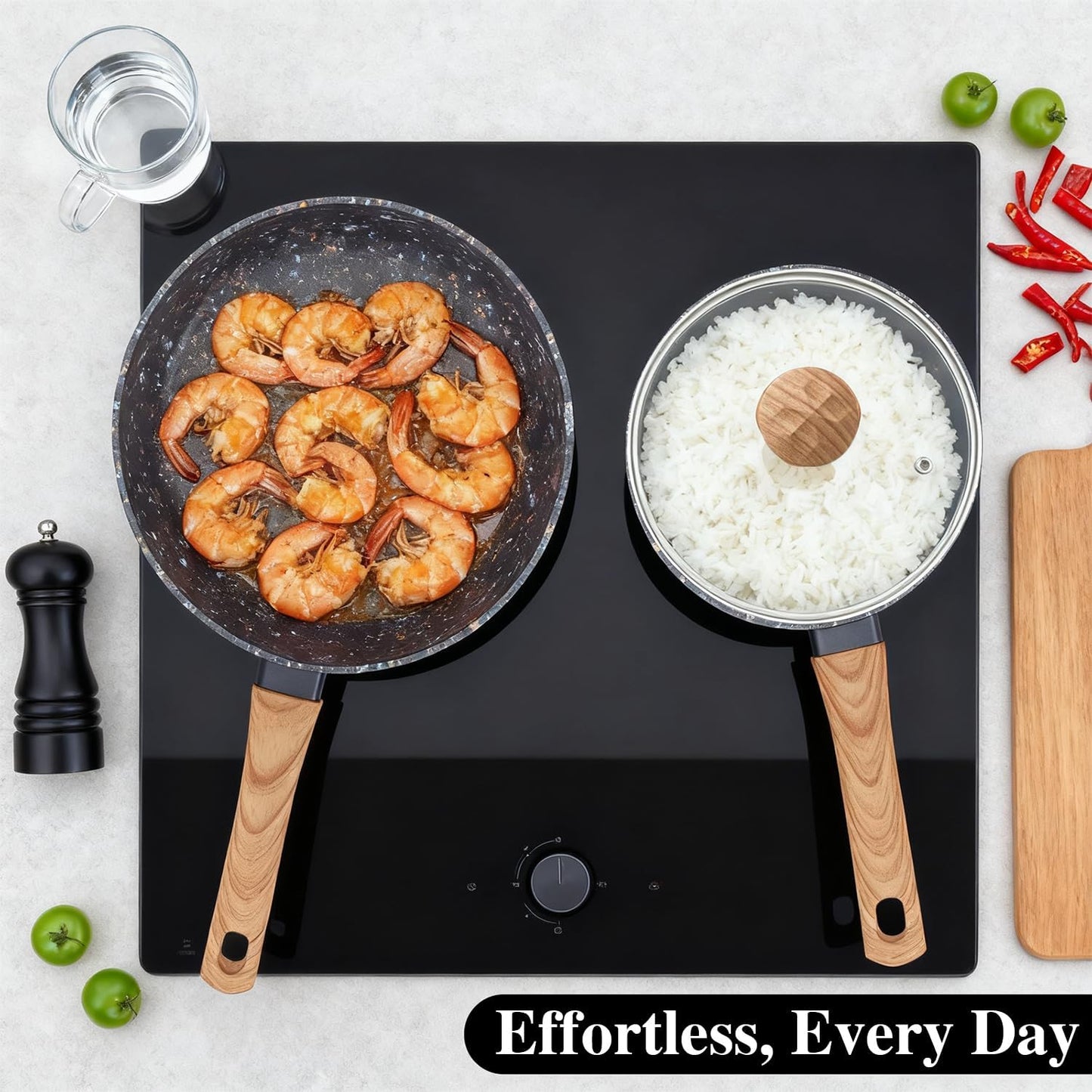 Nonstick Cookware Set, 2-Piece Non-Toxic Coated 8.5 Inch Frying Pan & Saucepan with Lid, PFOA Free Dishwasher Safe, Induction Compatible, Beginner Kitchen Pots and Pans Set, Black