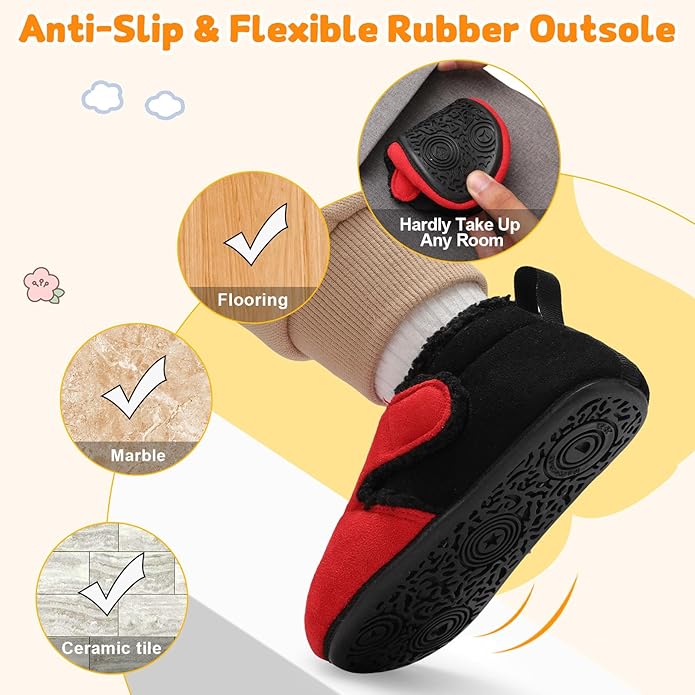JOINFREE Toddler Slippers Boys Girls Adjustable House Shoes Barefoot Sock Shoes with Rubber Sole Baby Comfort Warm Indoor Outdoor Walking Shoe