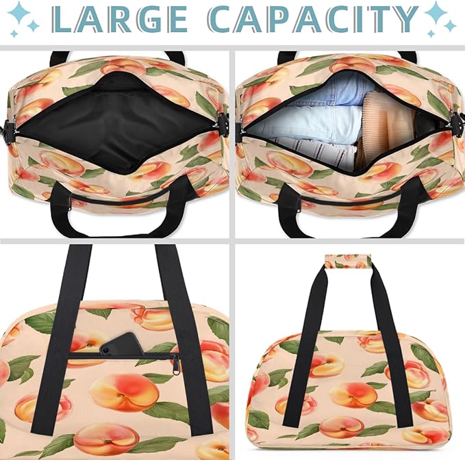 Gym Bag for Women Men, Peach Pattern Travel Duffle Bags for Dance Ballet Overnight, Carry-On Weekender Bag with Detachable Shoulder Strap