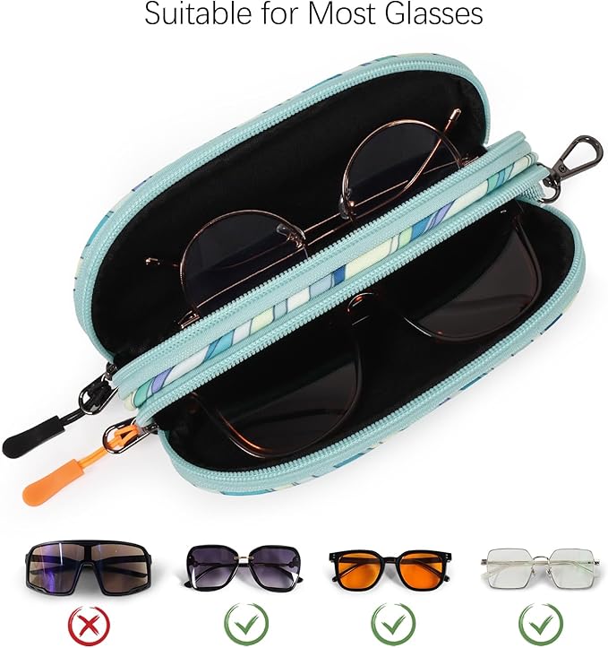 Double Eyeglasses Case Soft Portable Zipper Sunglasses Pouch with Keychain Clip for Men Women