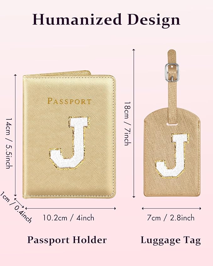 Slohif Passport Holder Initial Lugguage Tag Set Suitcase Cover Wallet Case for Travel Women - Leather Letter Passport Book Personalized Organizer Card Protector Sleeve Essentials Slim Carrier Gold J