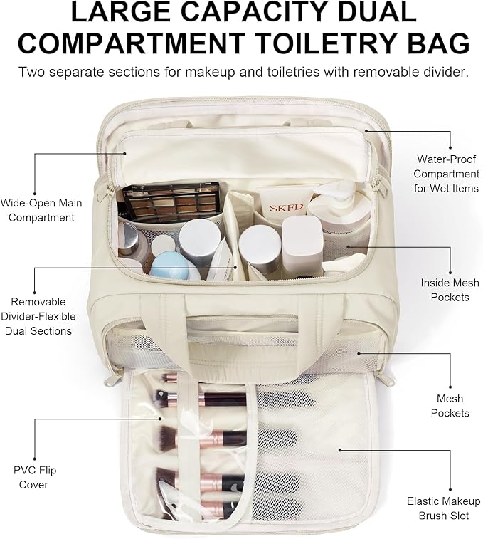Travel Toiletry Bag for Women, Lightweight Large Quilted Puffy Makeup Bag Wide-open Make up Organizer Cloud Cosmetic Bag w/Handle for Traveling Toiletries, Essentials, Accessories, Beige