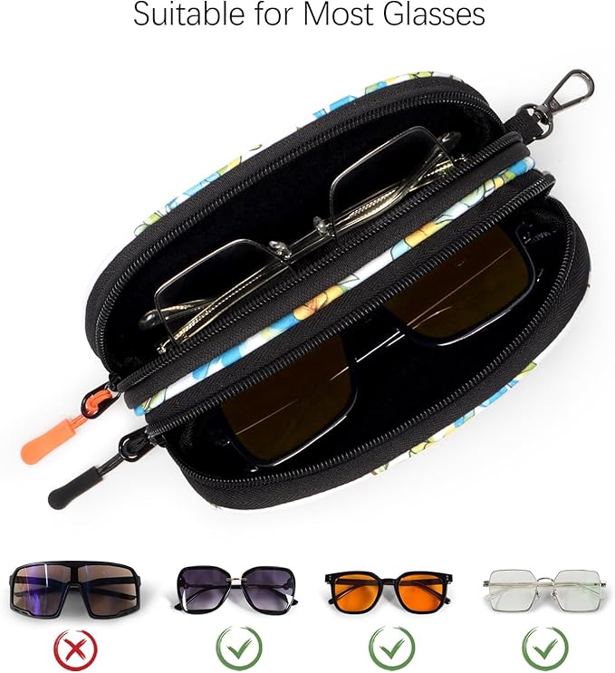 Double Eyeglasses Case Soft Portable Zipper Sunglasses Pouch with Keychain Clip for Men Women
