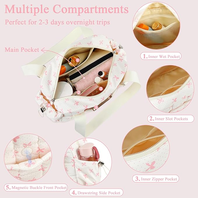 CAMTOP Mini Gym Bag for Women, Small Gym Tote Bag Puffy Quilted Sports Duffel Bag with Wet Compartment and Coin Purse Duffel Bags Dance Yoga Workout Bag for Gifts (Beige Pink Bow, Mini-12.6")