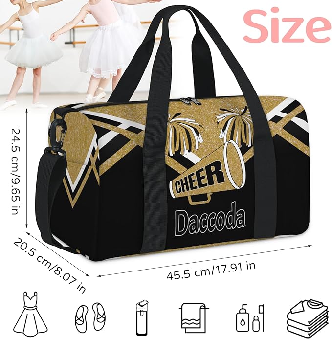 Custom Cheerleading Dance Bag, Personalized Large Sports Gym Travel Sleepover Duffle Bag with Name for Trip, Yellow Gold Glitter Black Cheer