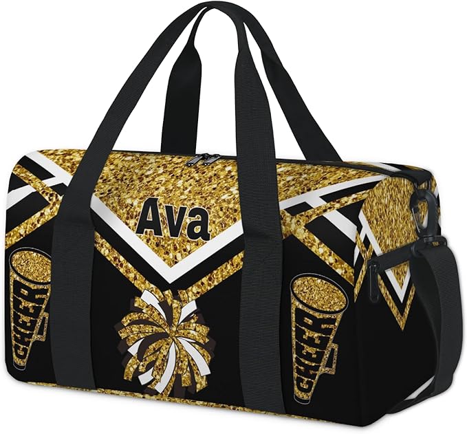 Custom Cheerleading Bag for Dancer, Overnight Duffel Tote Cheerleaders Personalized Sport Gym Travel Practice Gymnastics Duffel Bag, Yellow Gold Glitter Black