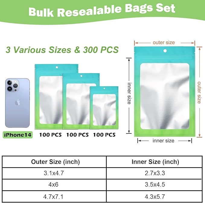 300 Pcs Gradient Mylar Bags, 3 Size Smell Proof Bags with Clear Window Foil Pouch Bags Resealable Bags for Small Business and Food Storage, Blue Green