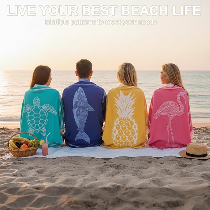 Genovega Oversized Cotton Turkish Beach Towels 72"x36" Lightweight Quick Dry Sandless Pool Swim Towel Large No Sand Adult Travel Compact Blanket Essentials Cruise Accessories Must Haves Blue Turtle