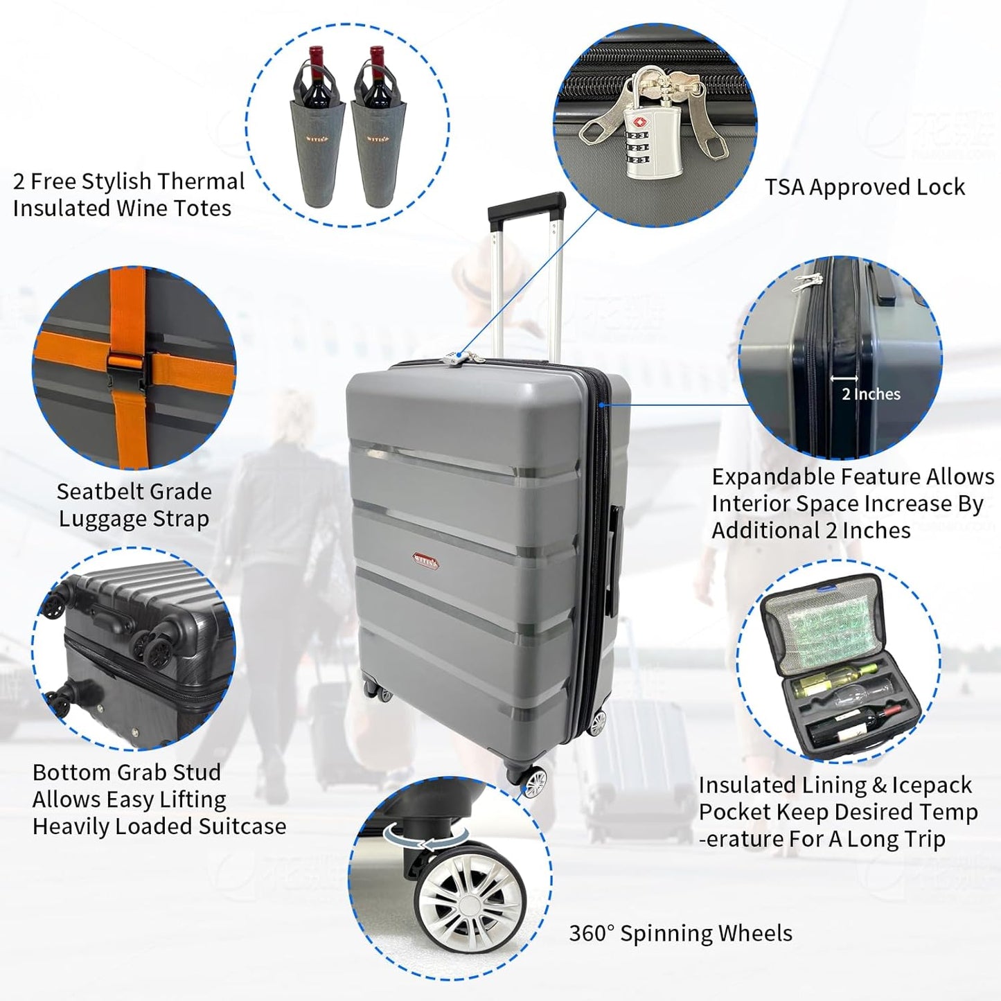 Premium Wine Travel Luggage | Holds 10 Bottles of 750 ML | TSA Lock | Expandable Packing Space | 360° Spinner | Double Straps |4 Insulated Unbreakable Carry Bag | 2 Insulated Totes| Grey