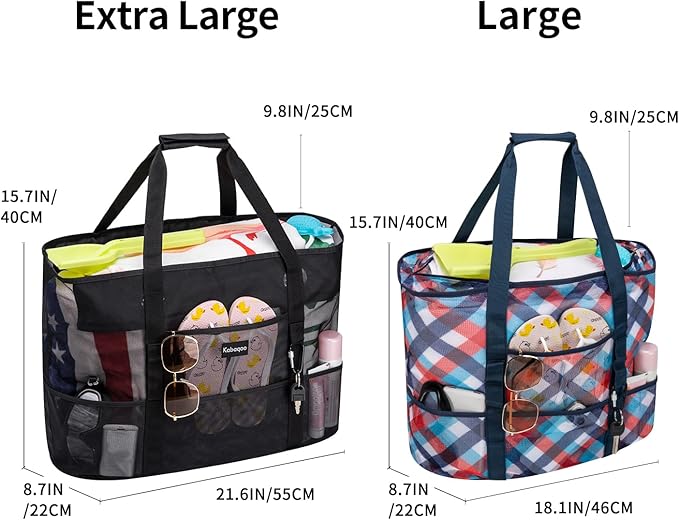 KABAQOO Mesh Beach Bag, Extra Large Beach Bags with 9 Pockets & Zipper Waterproof Lightweight Beach Tote for Beach/Pool Trip | Extra Large, 9 Pockets, Zipper, Waterproof, Lightweight, Beach/Pool Trip