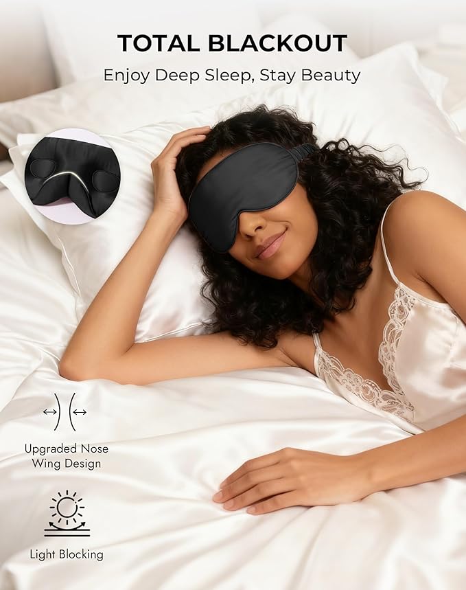 SilkSilky 100% 22 Momme Mulberry Silk Sleep Mask – Upgraded 3D Contoured Eye Mask with Nose Wing Pads & Adjustable Strap, Luxury Blackout Eye Cover for Women & Men (Black)