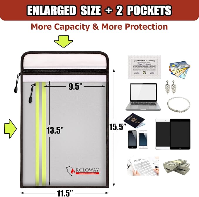 ROLOWAY Fireproof Document Bag (15.5 x 11.5 inch) with 2 Pockets and 5200℉ Aluminum Foil Layer, Fireproof Bag for Document Safe (Silver)
