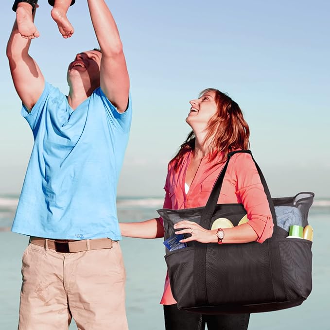 Mesh Beach Bag - Large Waterproof Beach Tote Bag with Zipper, Oversized Foldable Lightweight Family Swim Bag Vacation