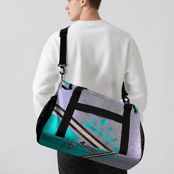 Cheer Teal Blue Cheerleading Pom Luggage Bag Waterproof Duffel Bag Adjustable Shoulder Strap Perform Training Travel Bag for Teens Adults Backpack