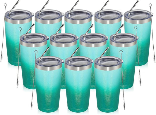 MEWAY 20oz Tumbler 12 Pack Double Wall Vacuum Insulated Travel Glitter Mug Bulk, Stainless Steel Tumblers with Lid and Straw, Powder Coated Coffee Cups for Woman(Gradient Green,Set of 12)