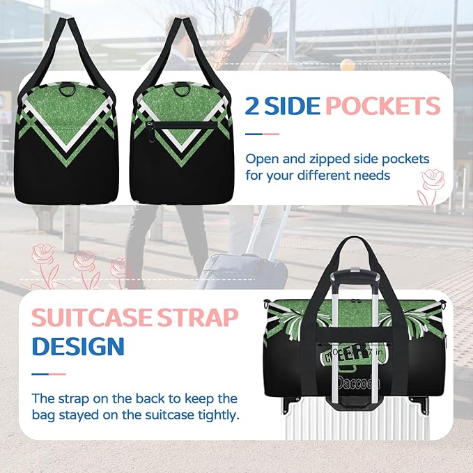 Custom Name Dance Bag, Personalized Name Gymnastics Sport Cheerleader Bag, Green Black Glitter Sequins Cheerleader Theme Barrel Ballet Duffel Tote Women