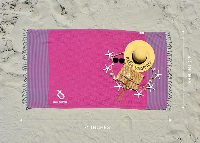 RAY SILVER Turkish Beach Towel – 100% Turkish Cotton 40"x71" Quick Dry Oversized Beach Towel Sand Free Lightweight Turkish Towel for Travel Camping Bath Sauna Beach Pool Gym Yoga