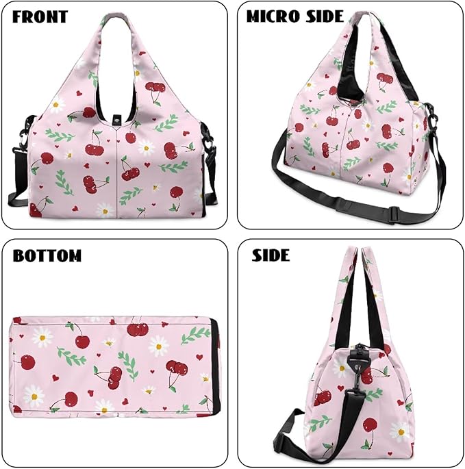 Pink Cherry Print Gym Bag with Yoga Mat Strap and Shoe Compartment, Portable Lightweight Gym Bag with Wet Pocket Water Resistant Gym Duffel for Swimming