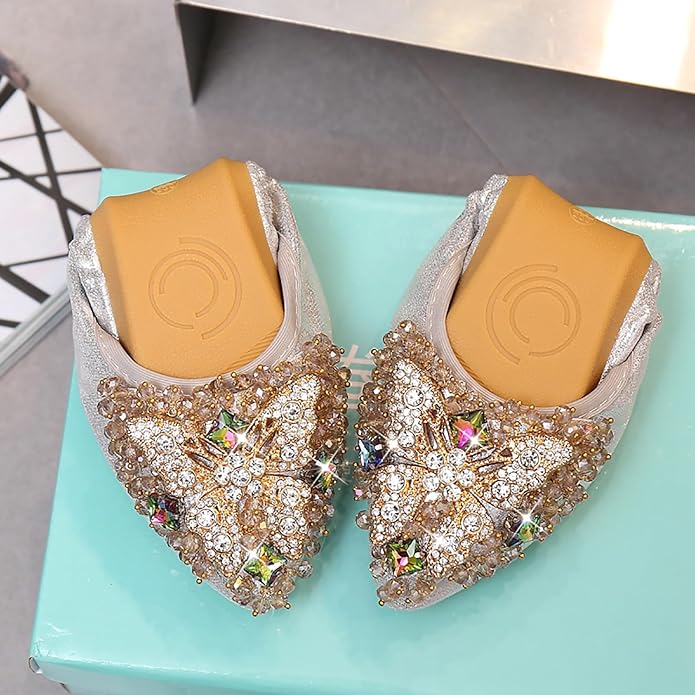 Women Ballet Flats Sparkly Rhinestone Wedding Ballerina Shoes Pointed Toe Foldable Comfort Slip on Flat Dress Shoes