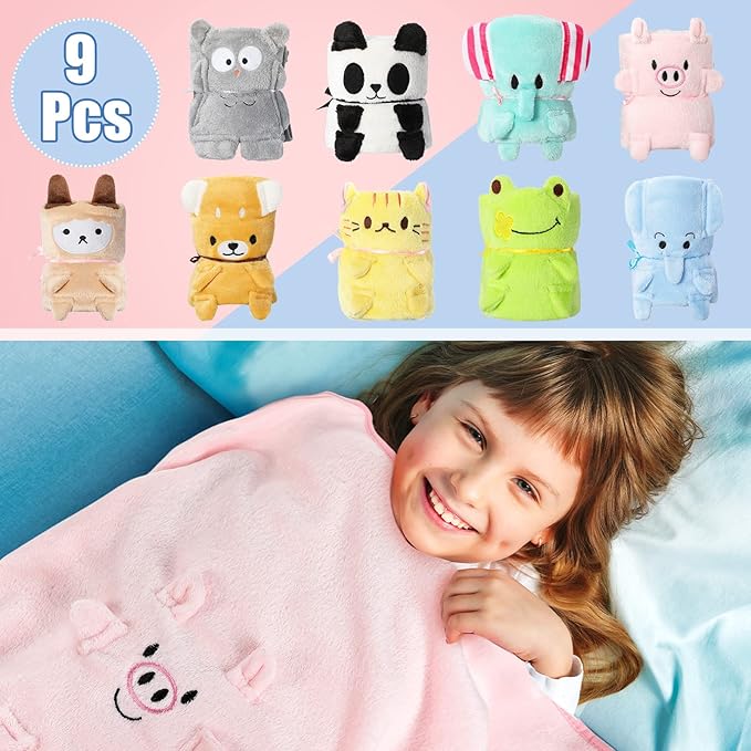 Boyiee 9 Pack Kids Travel Blanket for Airplanes Daycare Nap Blankets in Bulk Small Cute Animals Lightweight Fleece Throw Blanket for Kids Birthday Party Favors