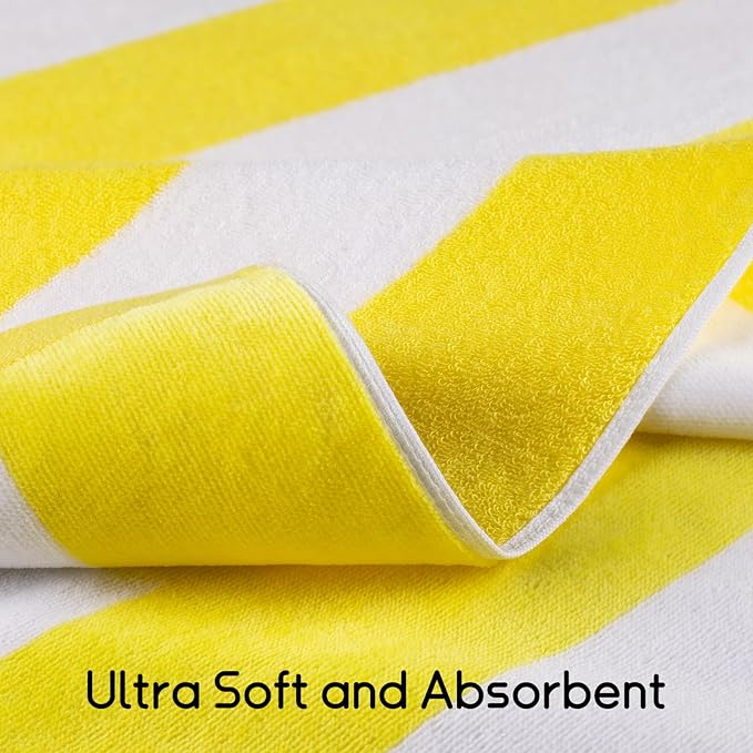 cabanana Large Oversized Beach Towel - 35 x 70 Inch Cotton Pool Towel, Yellow Striped Soft Cabana Swim Towel