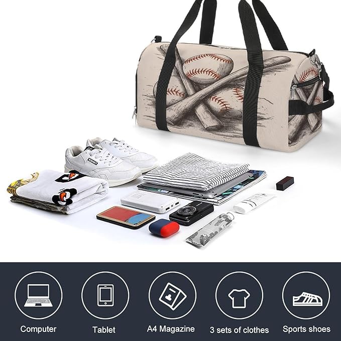 Oxford Cloth Hand Drawn Baseball Bats And Ball Gym Bag,Duffle Bag with Shoes Compartment And Adjustable Shoulder Straps，Weekender Bags for Men Women.