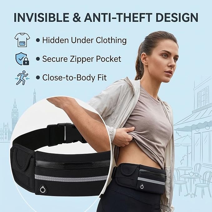 Anti-Theft Invisible Waist Bag, Travel Belt Money Waist Pack, Outdoor Sports Waist Bag with Water Bottle Strap (Black)