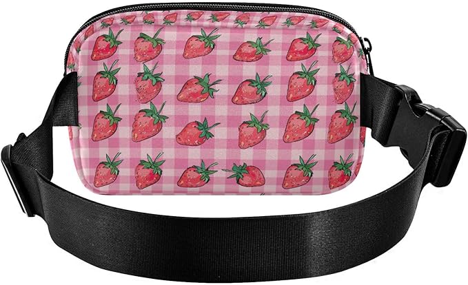 Pink Strawberry Checkered Plaid Fanny Pack for Women Men Water Resistant Fashion Waist Packs with Adjustable Strap Belt Bag for Travel Workout Jogging Hiking 21219340