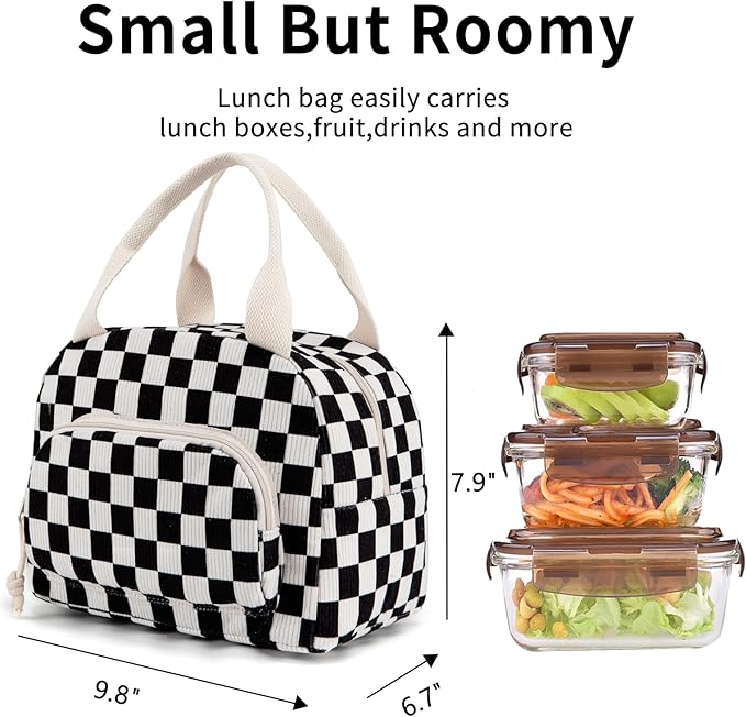 Lunch Bag Women Lunch Box for Women Adult Cute Insulated Lunch Bag Small Cooler Lunch Tote Bags for Work Picnic School (Black-White Plaid)
