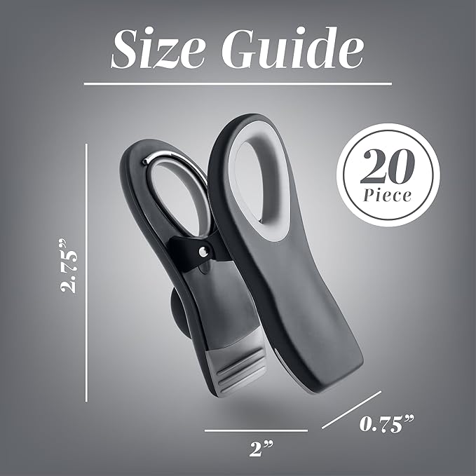 COOK WITH COLOR Bag Clips with Magnet- Food, Chip, Bag Clips for Food Storage with Airtight Seal Grip for Bread, Snack and Food (Grey, Pack of 20)
