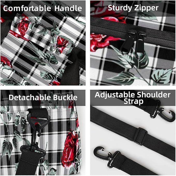 Travel Duffle Bag, Red Rose Black White Plaid Waterproof Weekender Overnight Bags for Women Men Lightweight Carry on Duffle Gym Bag for Travel, Sports, Fitness, Workout