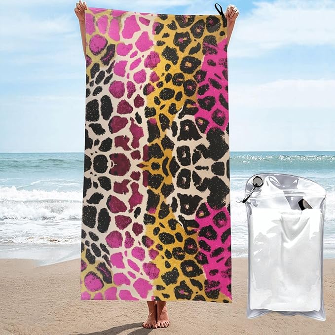 Pink Leopard Star Sand Free Beach Towel – 31.5"X63" Quick Dry Microfiber Beach Towels for Travel, Swimming, Pool, and Camping, Absorbent and Compact Beach Essential for Women, and Men