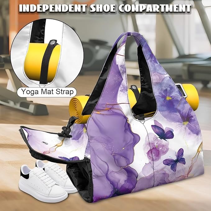 Purple Butterfly Marble Gym Bag for Women with Shoe Compartment Mini Duffel Bag Personal Item Bags for Travel Sports Swim Weekender Overnight Bags Easy to Carry