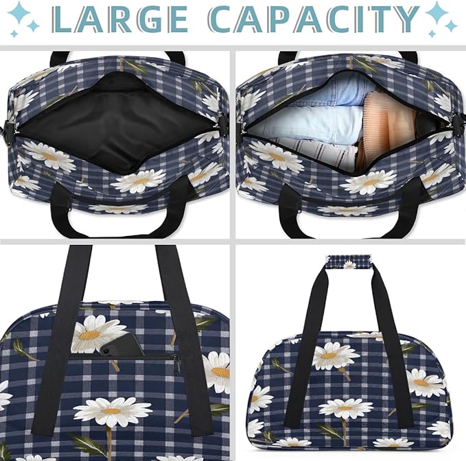 Sports Duffel Bags, Daisy Navy Plaid Water-Resistant Gym Duffle Bag for Men Women, Lightweight Weekender Overnight Bag for Fitness, Workout, Travel