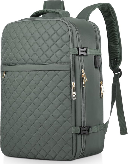 MOMUVO Large Travel Backpack Women, Flight Approved Carry On Backpack, Water Resistant Anti-Theft Large Casual Daypack Fit 17 Inch Laptop with USB Charging Port, Olive Green
