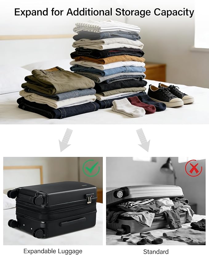 Hanke Expandable Hard Shell Luggage Sets 3 Pieces, 20/24 / 28 Inch Luggage Sets with Spinner Wheels, Durable PC Hardside Rolling Suitcase with TSA Lock for Travel (20/24/28 Inch, Jet Black)