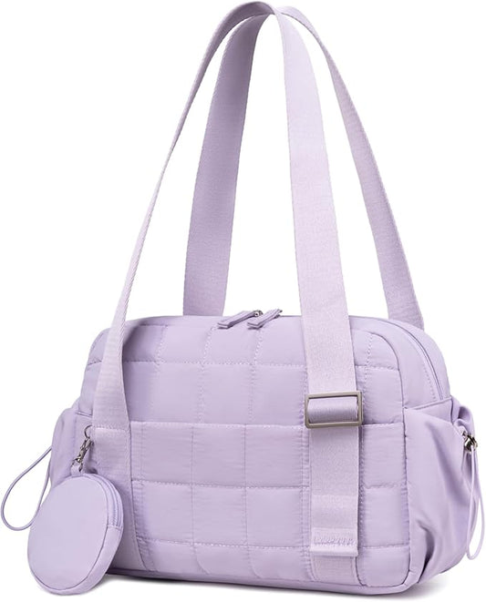 CAMTOP Mini Gym Bag for Women, Small Gym Tote Bag Puffy Quilted Sports Duffel Bag with Wet Compartment and Coin Purse Duffel Bags Dance Yoga Workout Bag for Gifts (Fashional Purple, Mini-12.6")