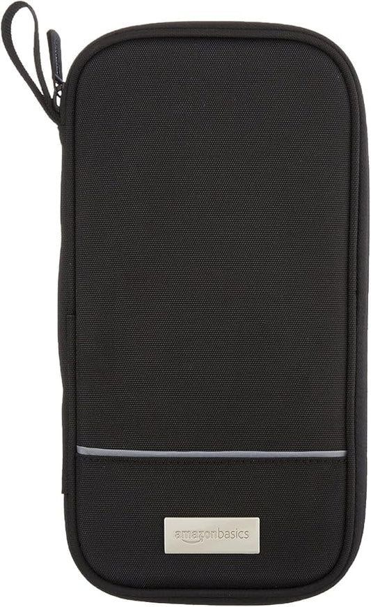 Amazon Basics RFID-blocking Passport Wallet, Passport Holder for Travel, 100% Nylon Material with Durable Zipper Closure, Zippered Pockets, Slots for Cards, 10"x5", Black, Solid