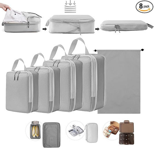 SNAIL GARDEN 8 Pack Compression Packing Cubes Set with Cable Organiser,Pill Box,Shoes Packing Organizer,Lightweight Compression Bags for Travel,4 Sizes Luggage Organizer Bags