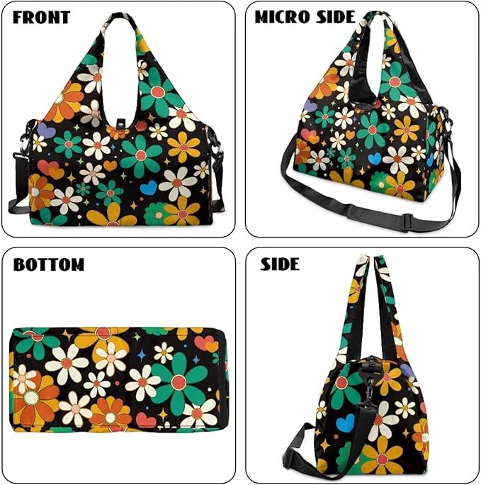 Hippie Flower Gym Bag with Shoe Compartment and Yoga Mat Holder, Waterproof Floral Duffel Bag with Pockets Black Workout Bag for Men Fitness Workout Sports Bag