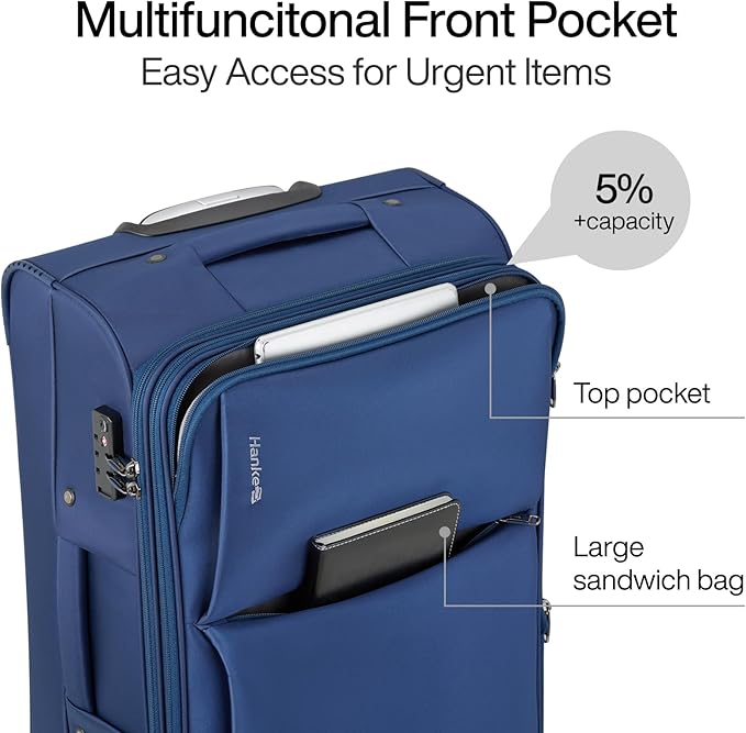 Hanke Softside Expandable 20 Inch Carry On Luggage with Wheels Airline Approved, TSA Luggage Lightweight Rolling Suitcases for Travel Carry On Bag(Blue)