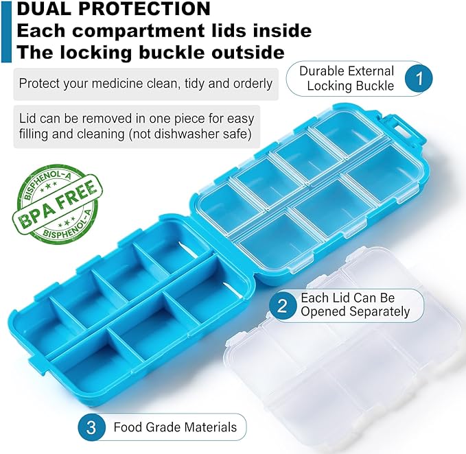 14 GRIDS Travel Pill Organizer Box with Labels - Travel Medicine Case Kit - Pocket Daily Pharmacy Container - Travel Medication Holder Dispenser for Fish Oil Vitamin Supplement Storage - Blue