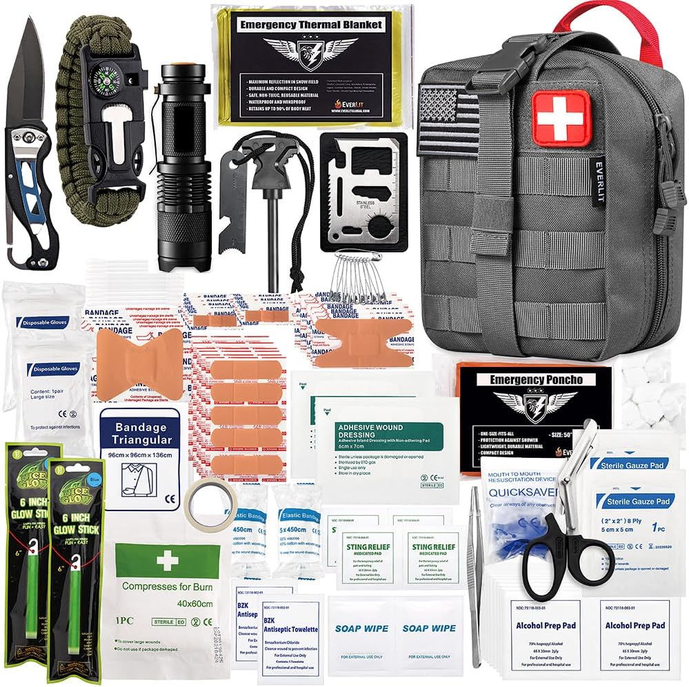 EVERLIT 250 Pieces Survival First Aid Kit IFAK EMT Molle Pouch Survival Kit Outdoor Gear Emergency Kits Trauma Bag for Camping Boat Hunting Hiking Home Car Earthquake and Adventures