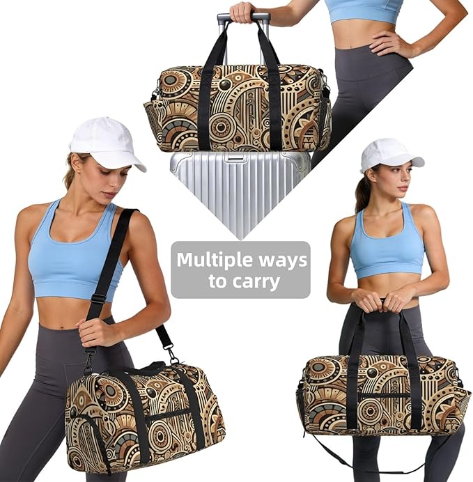 African Tribal Print Gym Bag with Shoe Compartment for Women Men, 17.7in Sports Duffle Weekender Tote, Overnight Travel Duffel Bag Carry On
