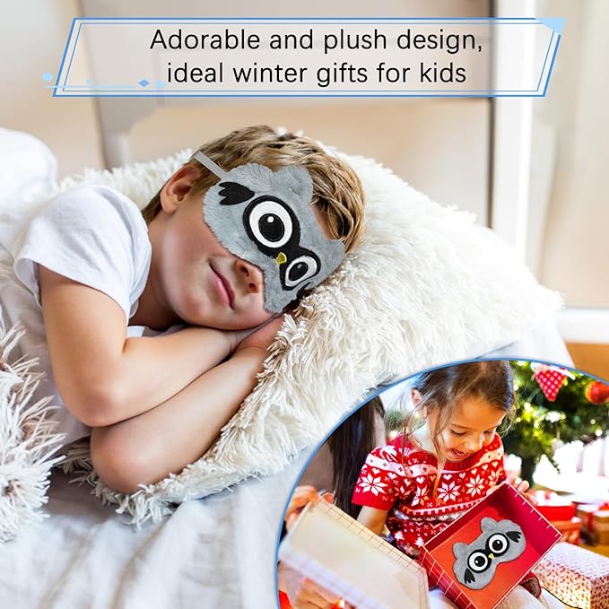 Cute Owl Plush Sleep Mask - Soft Fluffy Eye Cover Blindfold for Kids, Girls and Adults - Gray