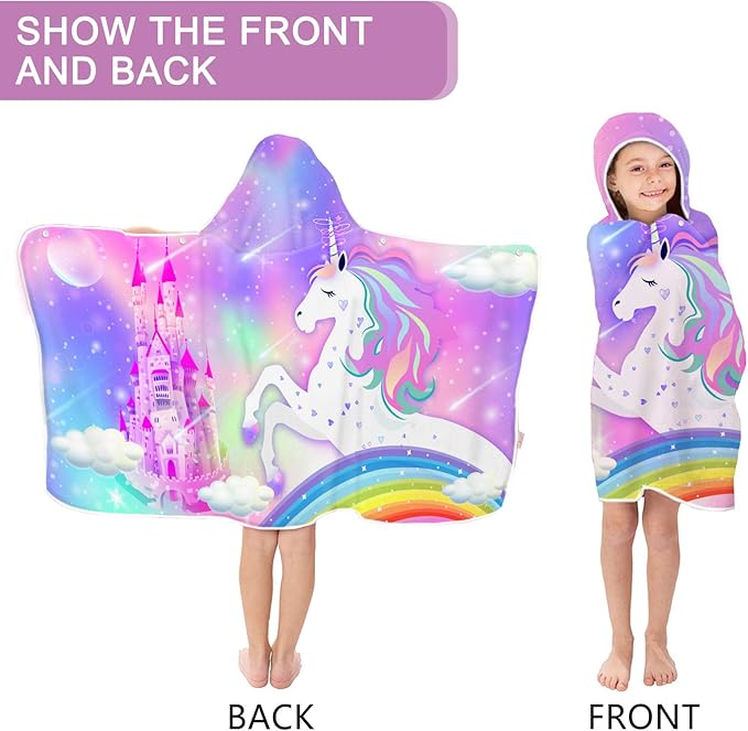 Bonsai Tree Unicorn Hooded Beach Towel for Kids, Cute Rainbow Bath Towel with Hood for Girls, Pink Magic Castle Microfiber Super Absorbent Soft Poncho Bathrobe for Swin Pool 30”x50”