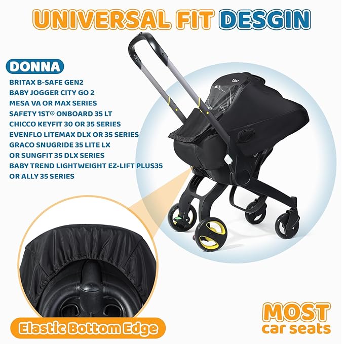 Car Seat Rain Cover with Clear Peep Window, Universal Car Seat Cover Baby with Zipper Door and Side Ventilation, All-Round Snow, Wind & Rain Canopy Waterproof Cover, Machine Washable, Black