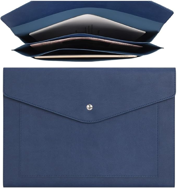 Wason Expanding A4 Document File PU Leather Envelope Case Holder-Large Size Pockets for Paper Bills Stationery Tablet and PC, Work Study Traveling (Dark Blue)